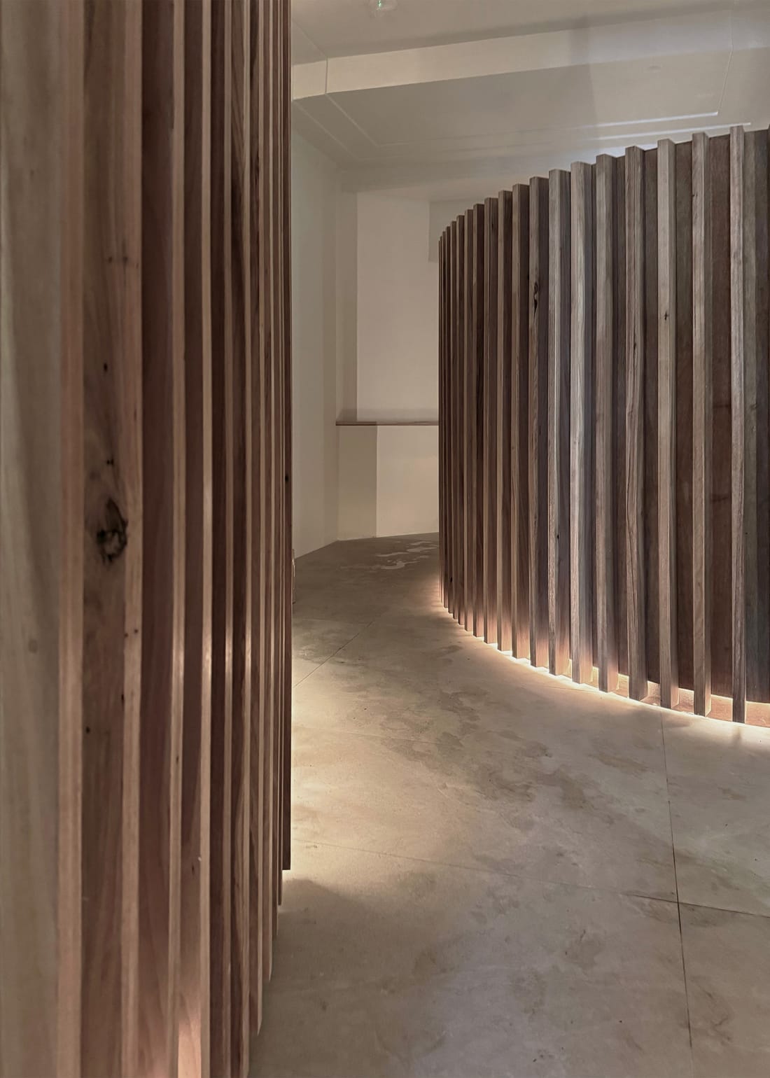 A curved timber slat wall bending away down a pale corridor