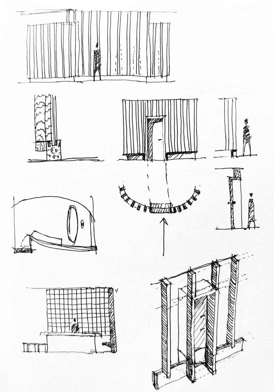 Hand-drawn design sketches of the curved timber rooms