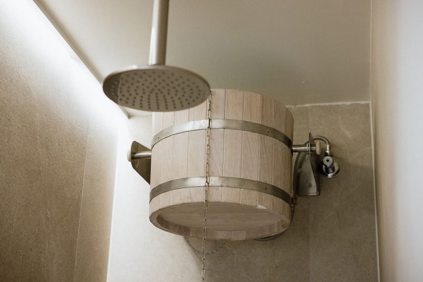 A timber bucket shower for a cold rinse