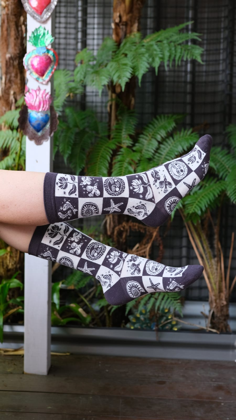 Charcoal and cream Moonface socks with a mosaic tile print